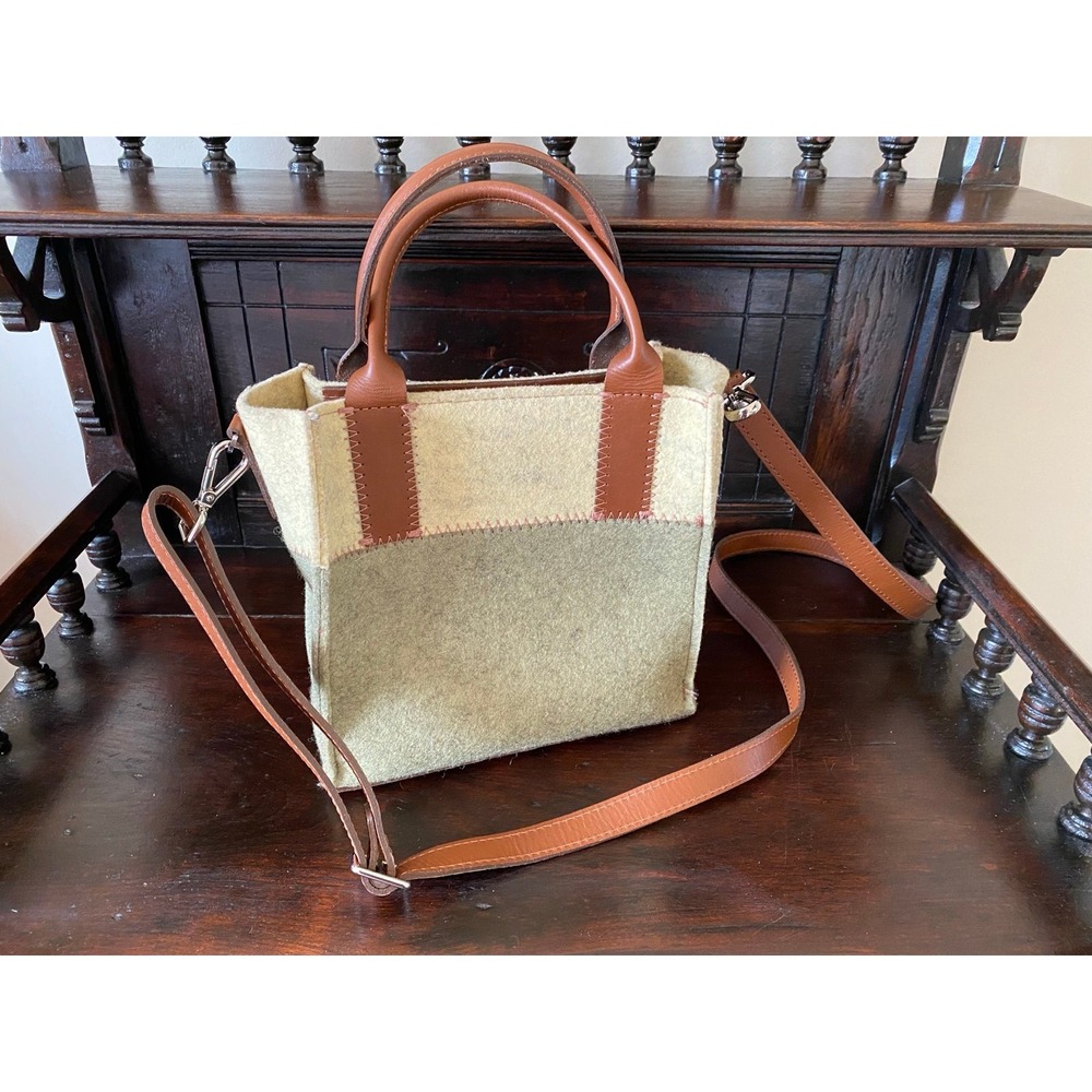 Graf Lantz Handbag Two-Tone Felt & Leather Tote Bag Yellow Green Brown Purse s15